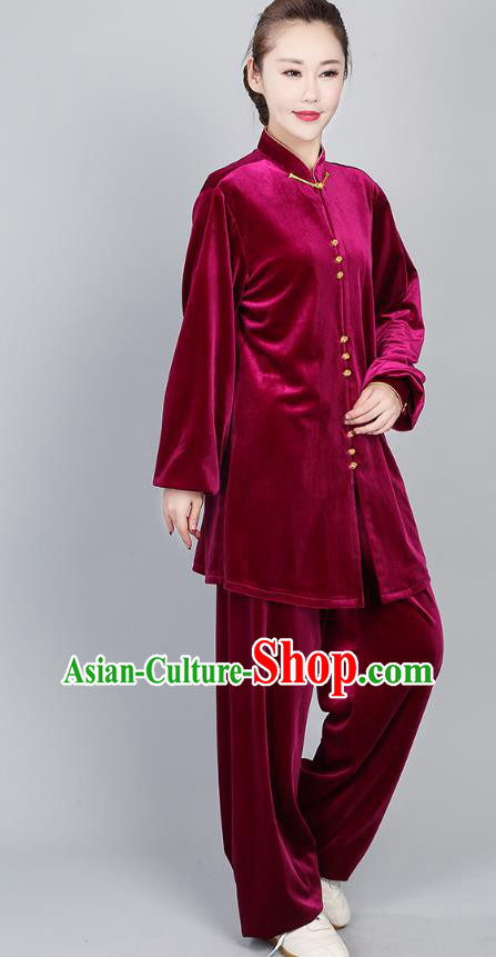 China Martial Arts Wine Red Pleuche Uniforms Kung Fu Training Clothing Tai Chi Performance Costumes