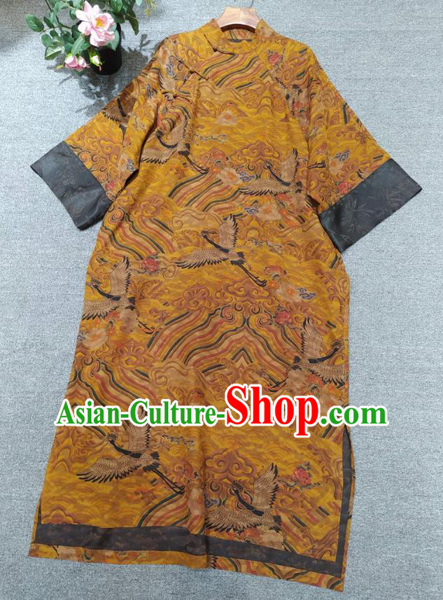 Chinese Classical Ginger Silk Qipao Dress Traditional Printing Wave Cranes Cheongsam National Women Clothing