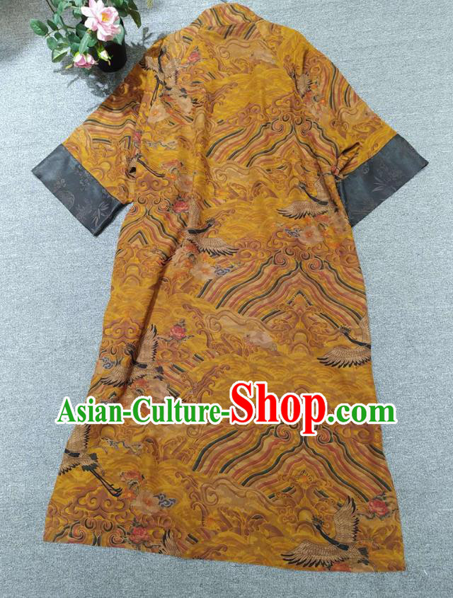 Chinese Classical Ginger Silk Qipao Dress Traditional Printing Wave Cranes Cheongsam National Women Clothing