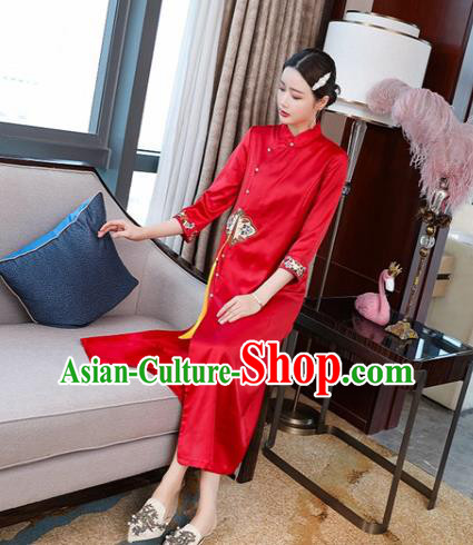 Chinese Classical Embroidered Red Silk Qipao Dress Traditional Cheongsam National Women Zen Clothing