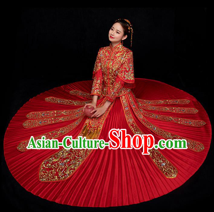 Chinese Ancient Bride Embroidery Costumes Traditional Xiuhe Suit Wedding Toast Clothing Red Tassel Outfits