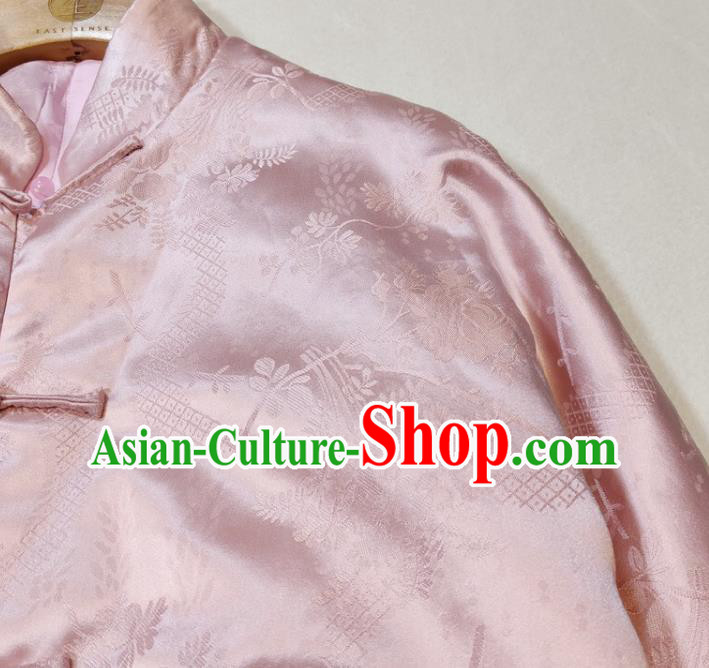 China Traditional Tang Suit Outer Garment Woman Classical Plum Blossom Pattern Pink Silk Jacket