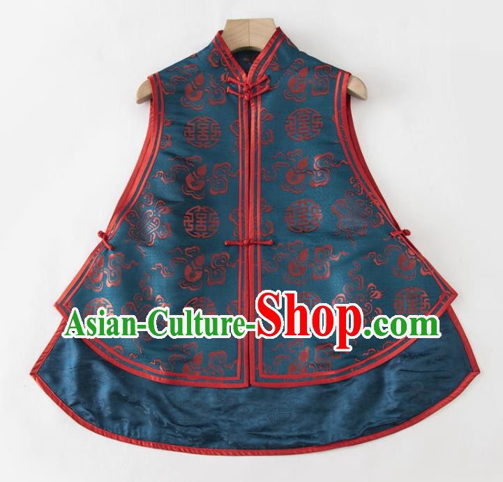 Chinese National Blue Brocade Vest Upper Outer Garment Tang Suit Waistcoat