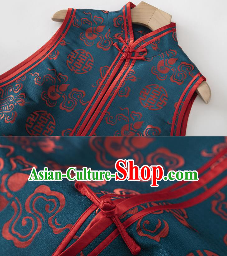 Chinese National Blue Brocade Vest Upper Outer Garment Tang Suit Waistcoat