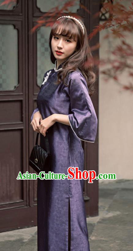 Chinese National Wide Sleeve Cheongsam Traditional Women Clothing Deep Purple Qipao Dress