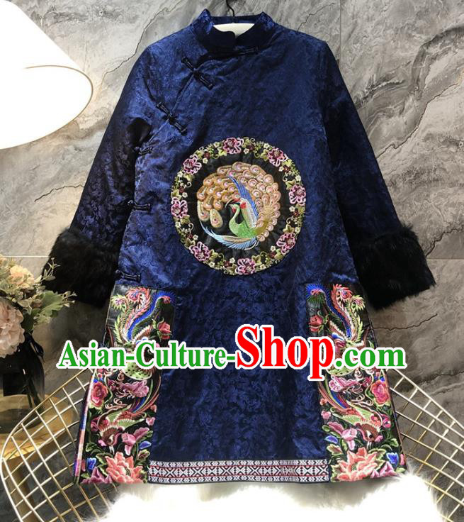 Chinese National Women Winter Clothing Classical Embroidered Phoenix Qipao Dress Traditional Royalblue Cheongsam