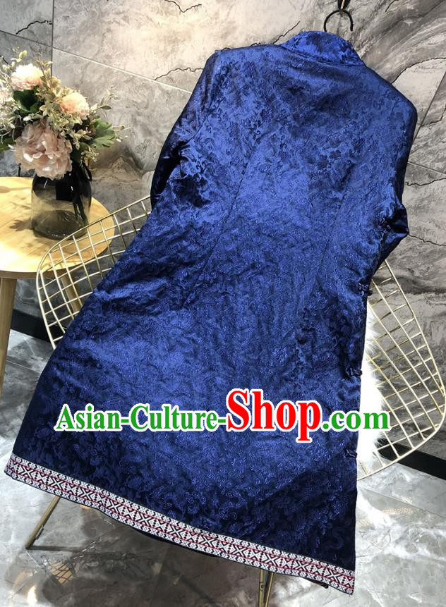 Chinese National Women Winter Clothing Classical Embroidered Phoenix Qipao Dress Traditional Royalblue Cheongsam