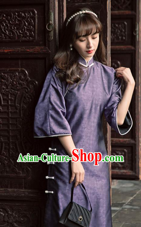 Chinese National Wide Sleeve Cheongsam Traditional Women Clothing Deep Purple Qipao Dress