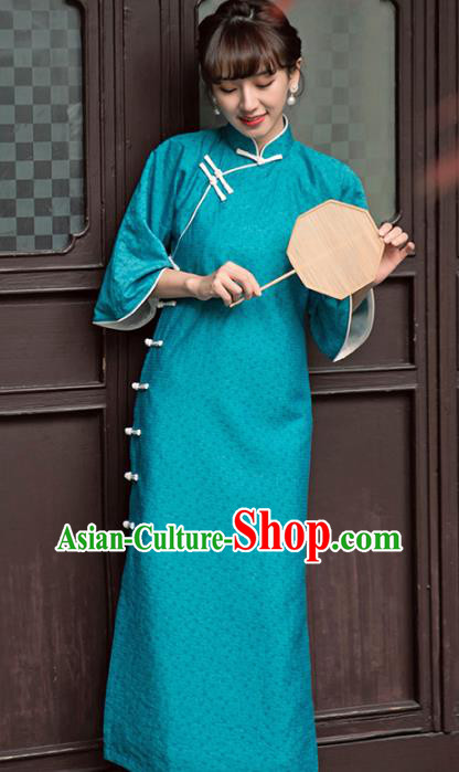 Chinese Green Qipao Dress National Wide Sleeve Cheongsam Traditional Young Lady Clothing