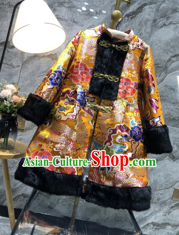 China Woman Classical Dragon Pattern Golden Brocade Jacket Traditional Tang Suit Cotton Padded Coat