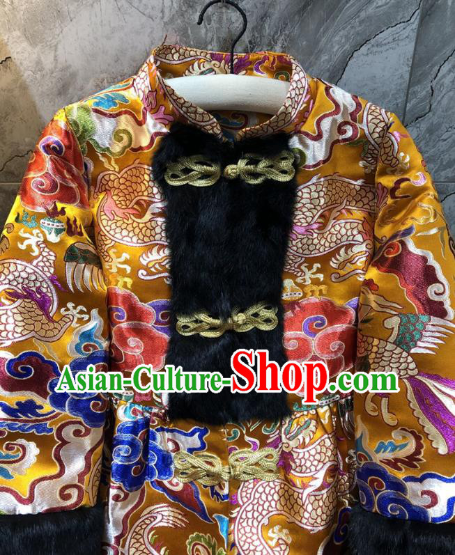 China Woman Classical Dragon Pattern Golden Brocade Jacket Traditional Tang Suit Cotton Padded Coat