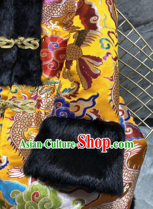 China Woman Classical Dragon Pattern Golden Brocade Jacket Traditional Tang Suit Cotton Padded Coat