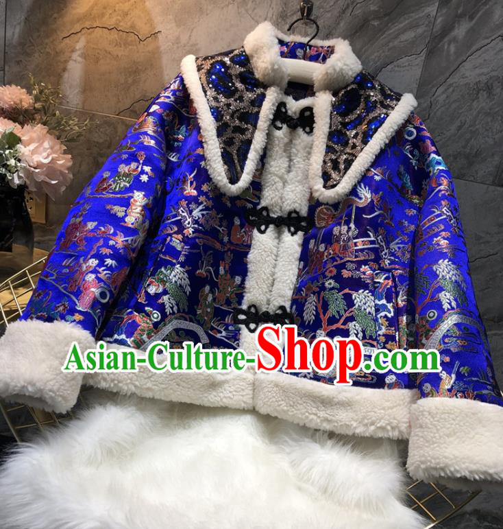China Traditional Tang Suit Winter Cotton Padded Coat Woman Classical Royalblue Brocade Jacket