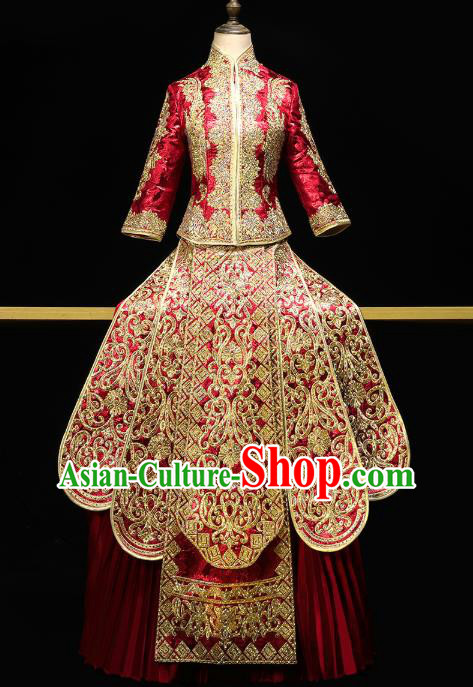 Chinese Wedding Toast Outfits Clothing Bride Costumes Traditional Embroidery Red Xiuhe Suit