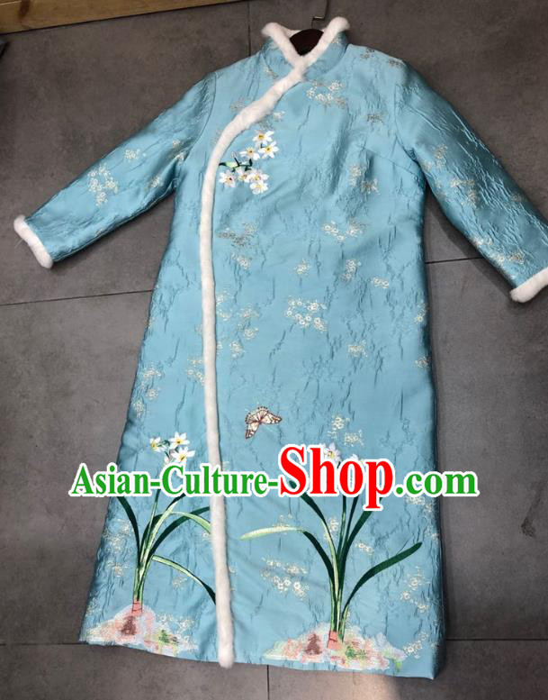 Chinese National Women Clothing Classical Embroidered Orchids Blue Qipao Dress Traditional Winter Cheongsam
