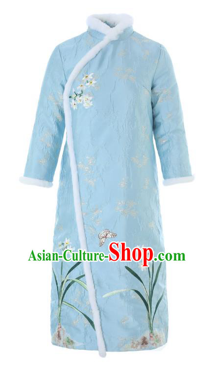 Chinese National Women Clothing Classical Embroidered Orchids Blue Qipao Dress Traditional Winter Cheongsam