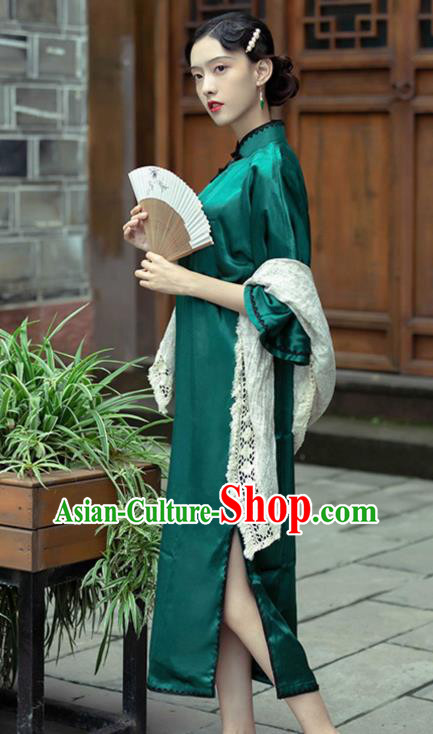 Chinese National Wide Sleeve Green Silk Cheongsam Shanghai Qipao Dress Traditional Young Mistress Clothing