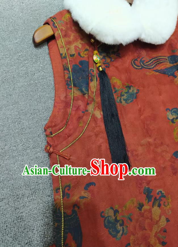 Chinese Classical Phoenix Pattern Red Qipao Dress Traditional Silk Cheongsam National Women Clothing