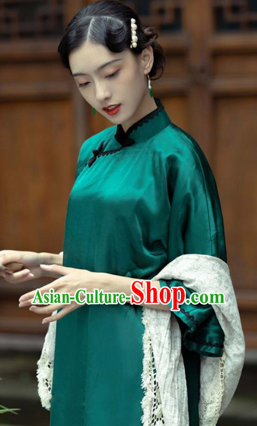 Chinese National Wide Sleeve Green Silk Cheongsam Shanghai Qipao Dress Traditional Young Mistress Clothing
