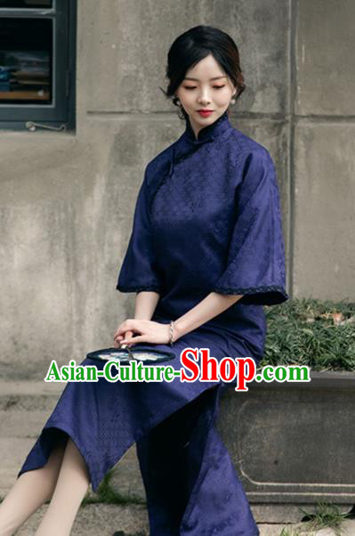 Chinese National Purple Cheongsam Traditional Young Woman Clothing Shanghai Wide Sleeve Qipao Dress