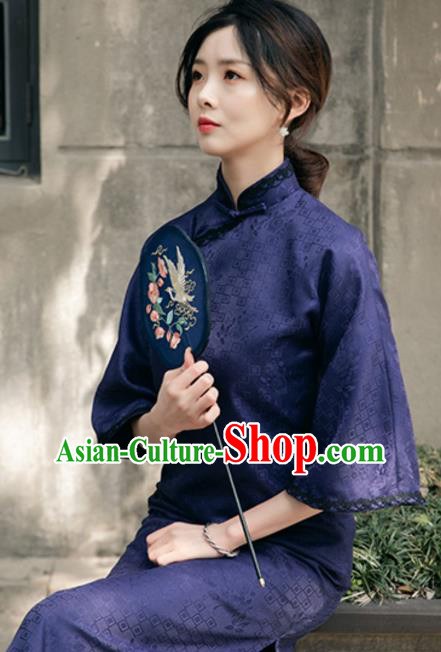 Chinese National Purple Cheongsam Traditional Young Woman Clothing Shanghai Wide Sleeve Qipao Dress