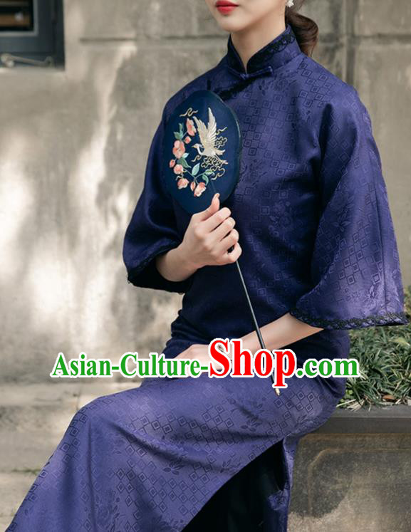 Chinese National Purple Cheongsam Traditional Young Woman Clothing Shanghai Wide Sleeve Qipao Dress