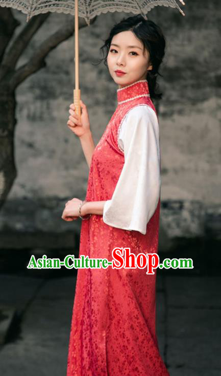 Chinese Shanghai Stand Collar Qipao Dress National Red Cheongsam Traditional Young Woman Clothing
