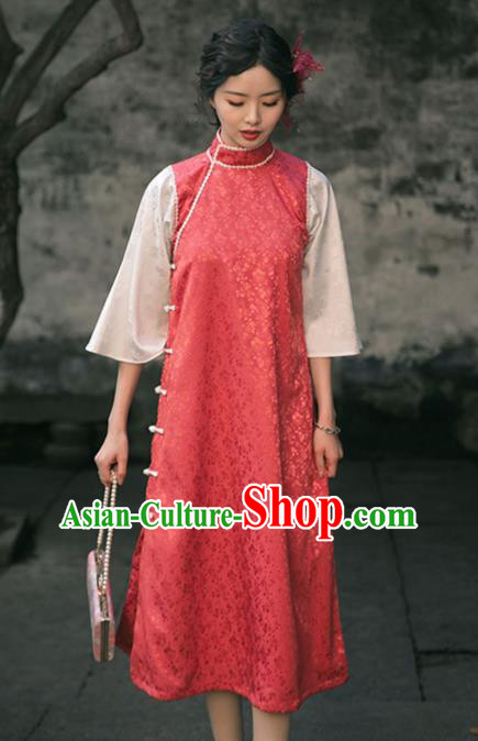 Chinese Shanghai Stand Collar Qipao Dress National Red Cheongsam Traditional Young Woman Clothing