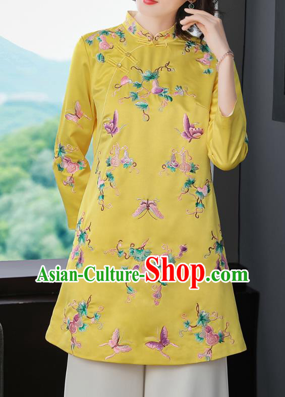 China Winter Woman Embroidered Butterfly Yellow Brocade Jacket Traditional Tang Suit Coat