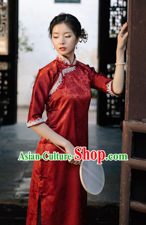 Chinese Traditional Shanghai Beauty Clothing Classical Red Brocade Qipao Dress National Cheongsam