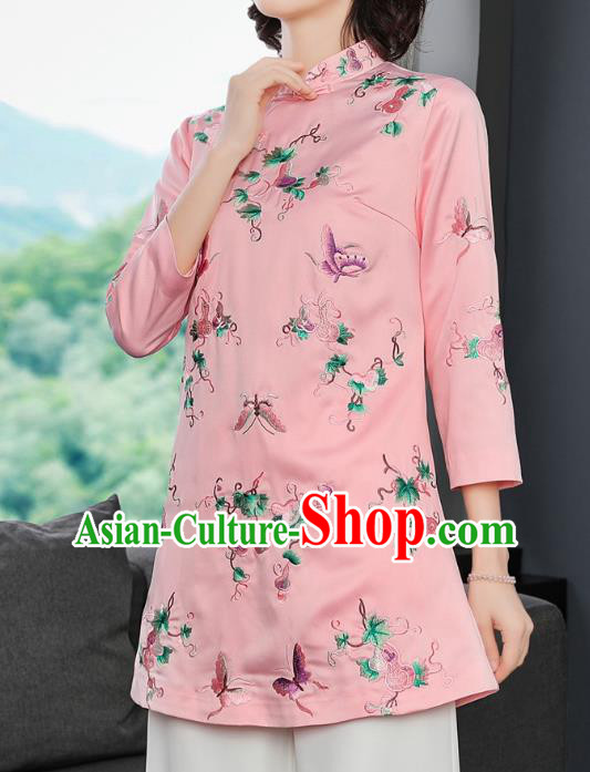 China Traditional Tang Suit Silk Coat Woman Embroidered Butterfly Pink Jacket