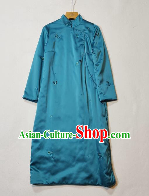 Chinese Classical Qipao Dress National Women Clothing Traditional Peacock Blue Silk Cheongsam