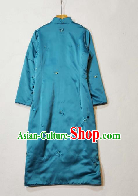 Chinese Classical Qipao Dress National Women Clothing Traditional Peacock Blue Silk Cheongsam