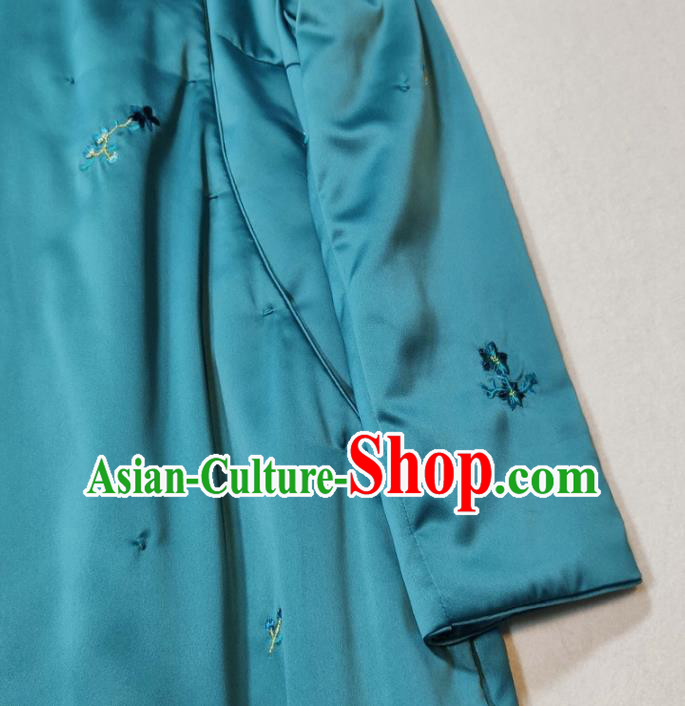 Chinese Classical Qipao Dress National Women Clothing Traditional Peacock Blue Silk Cheongsam