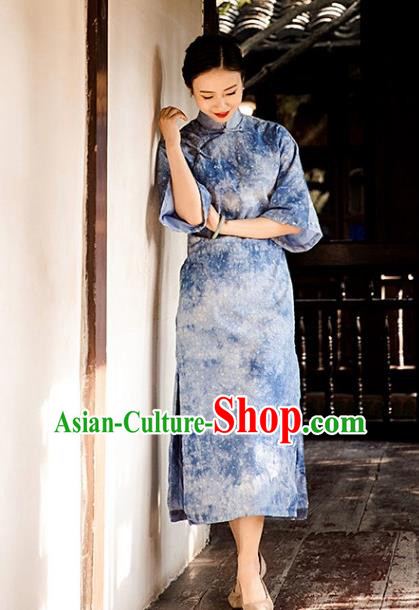Chinese National Women Cheongsam Traditional Tie Dye Clothing Classical Blue Qipao Dress