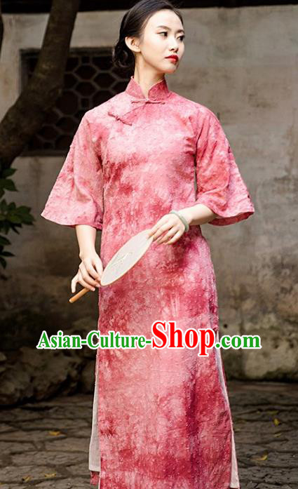 Chinese Classical Pink Qipao Dress National Women Cheongsam Traditional Tie Dye Clothing