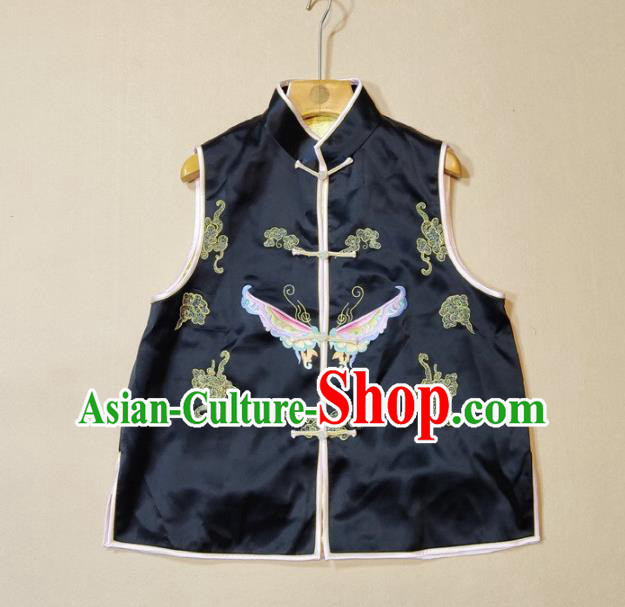 Chinese Tang Suit Waistcoat National Embroidered Butterfly Black Brocade Vest Upper Outer Garment