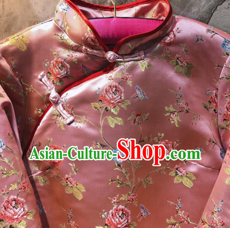 China Woman Classical Rose Pattern Pink Brocade Cotton Padded Jacket Traditional Tang Suit Overcoat