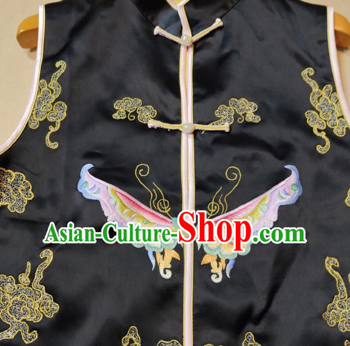 Chinese Tang Suit Waistcoat National Embroidered Butterfly Black Brocade Vest Upper Outer Garment