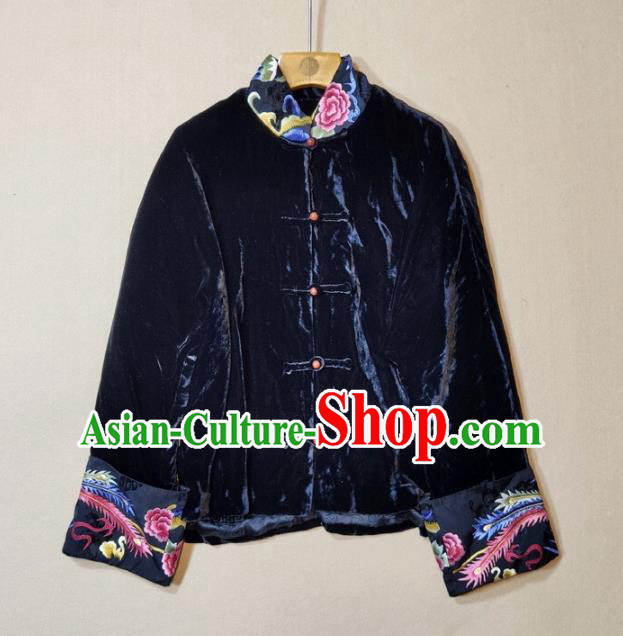 China Traditional Tang Suit Navy Velvet Coat Woman Embroidered Peony Jacket