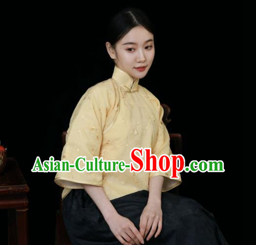 China Tang Suit Upper Outer Garment Slant Opening Blouse Classical Light Yellow Cheongsam Shirt