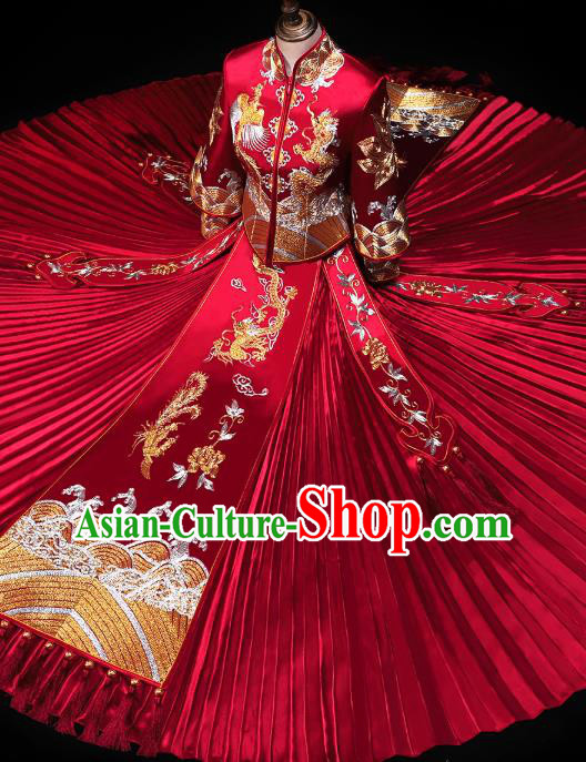 Chinese Traditional Embroidery Dragon Phoenix Red Xiuhe Suit Wedding Toast Outfits Clothing Bride Costumes