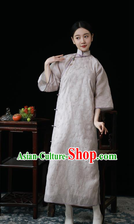 Chinese Traditional Women Embroidered Clothing Classical Lilac Qipao Dress National Wide Sleeve Cheongsam