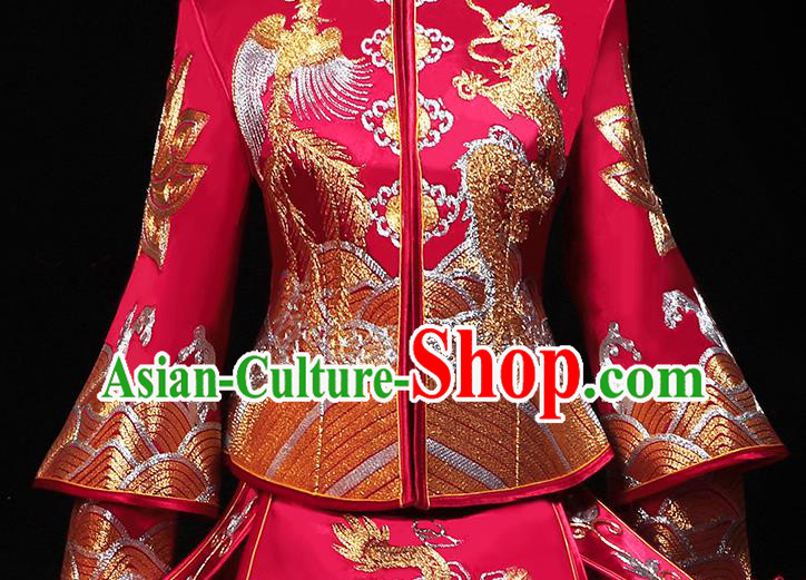 Chinese Traditional Embroidery Dragon Phoenix Red Xiuhe Suit Wedding Toast Outfits Clothing Bride Costumes