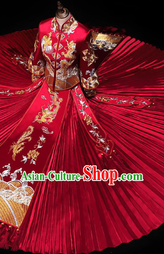 Chinese Traditional Embroidery Dragon Phoenix Red Xiuhe Suit Wedding Toast Outfits Clothing Bride Costumes
