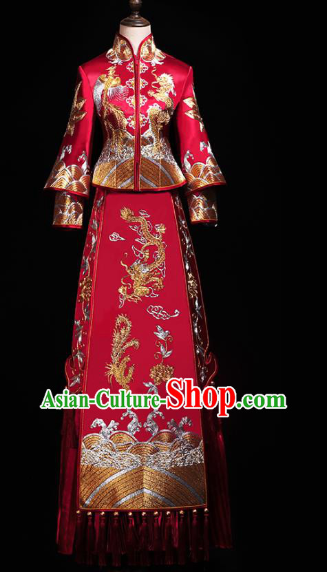 Chinese Traditional Embroidery Dragon Phoenix Red Xiuhe Suit Wedding Toast Outfits Clothing Bride Costumes