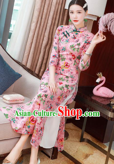 Chinese Classical Qipao Dress National Women Clothing Traditional Printing Flowers Pink Chiffon Cheongsam