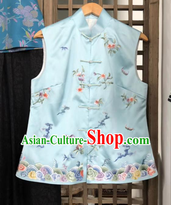 Chinese National Embroidered Blue Silk Vest Upper Outer Garment Tang Suit Waistcoat