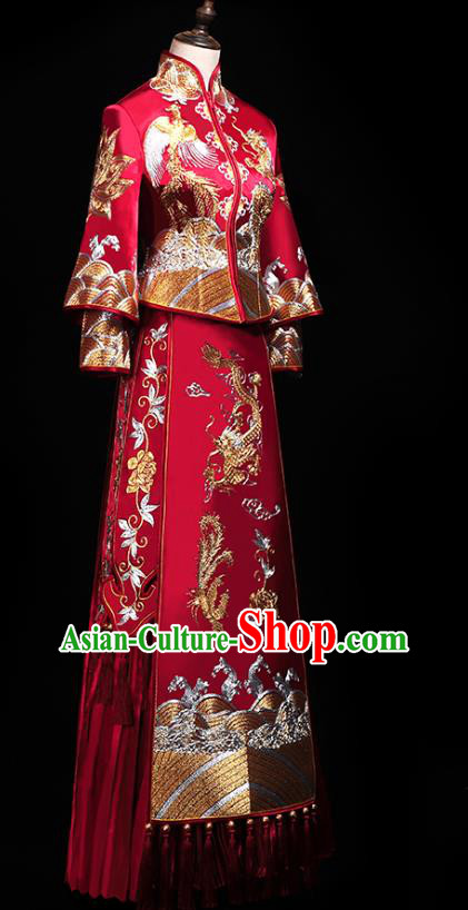 Chinese Traditional Embroidery Dragon Phoenix Red Xiuhe Suit Wedding Toast Outfits Clothing Bride Costumes