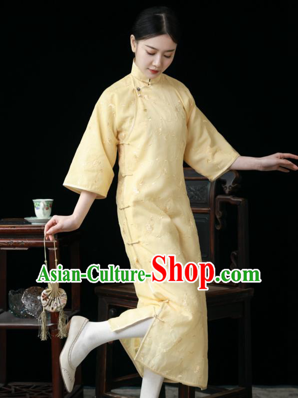 Chinese National Women Cheongsam Traditional Embroidered Clothing Classical Light Yellow Qipao Dress